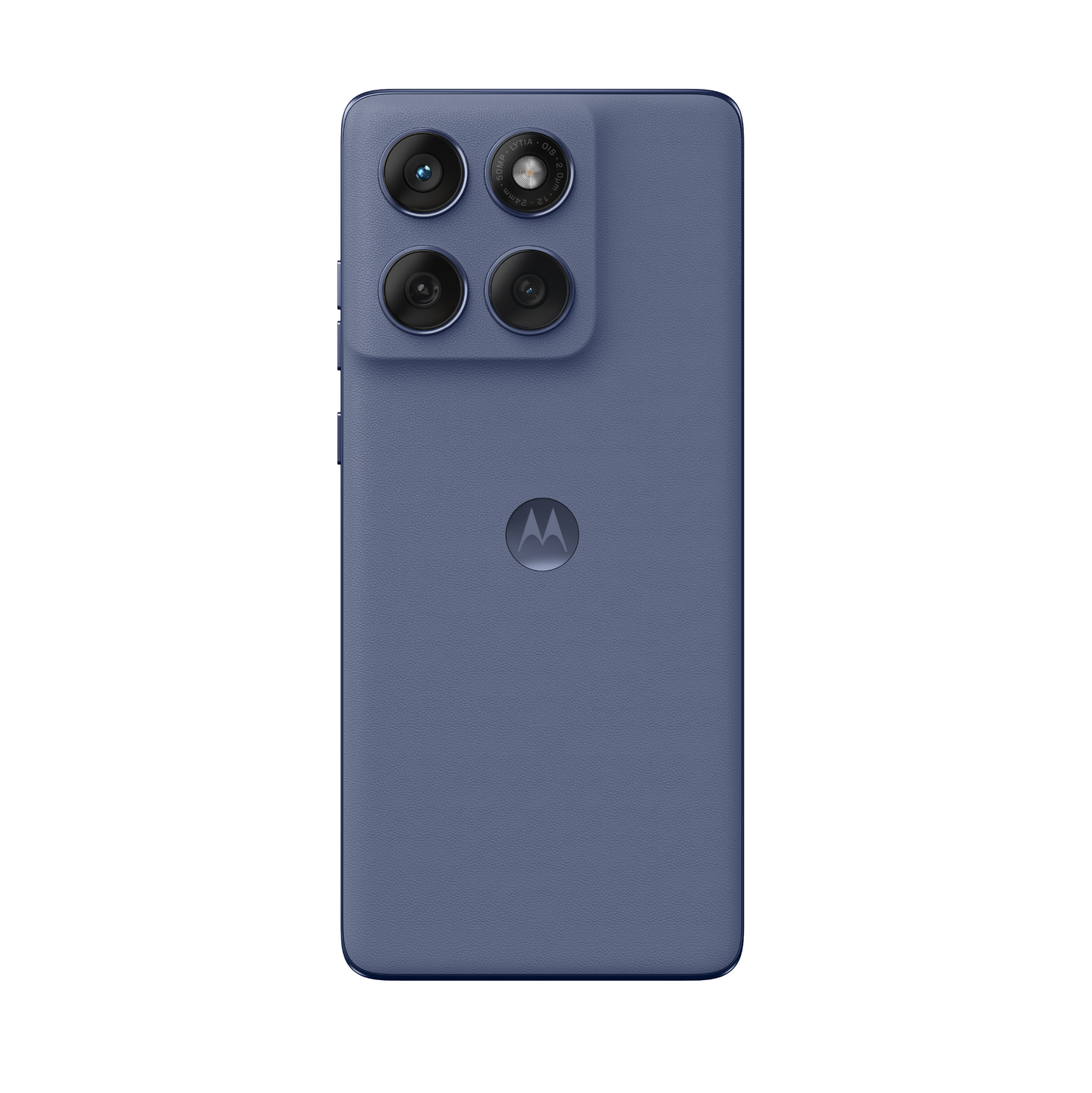 Vista trasera de un teléfono Motorola azul. Tiene varias cámaras y un logotipo de Motorola. Material de tacto suave.