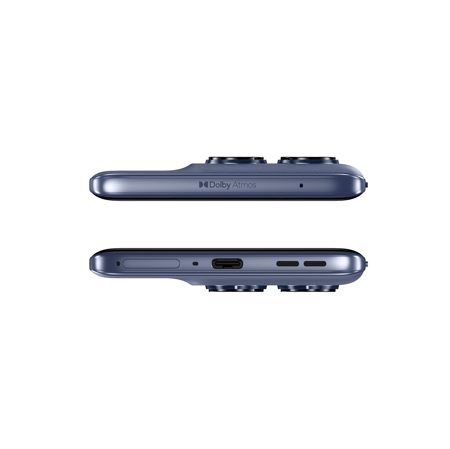 Vistas superior e inferior de un teléfono azul con tres cámaras y un logo Dolby Atmos.