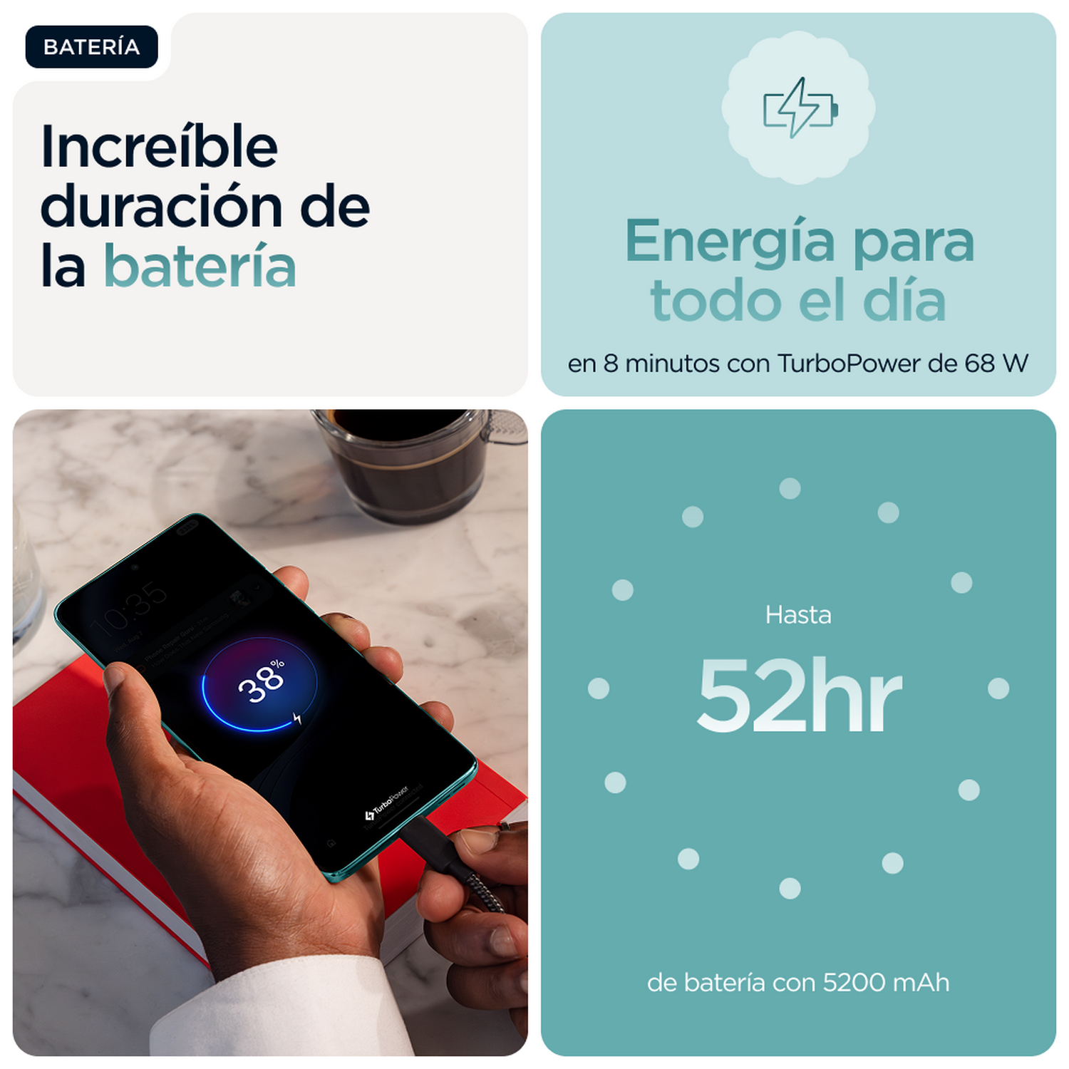 Mano sosteniendo un teléfono con pantalla de carga, con texto sobre la batería.