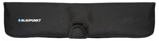 Czarny futerał Blaupunkt jest pokazany poziomo. Ma niebieskie logo Blaupunkt i pasek.