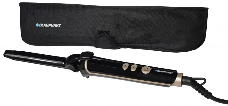 Czarna lokówka z czarnym etui na białym tle.