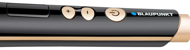 Zbliżenie czarnej i złotej lokówki z przyciskami plus, minus i zasilania.