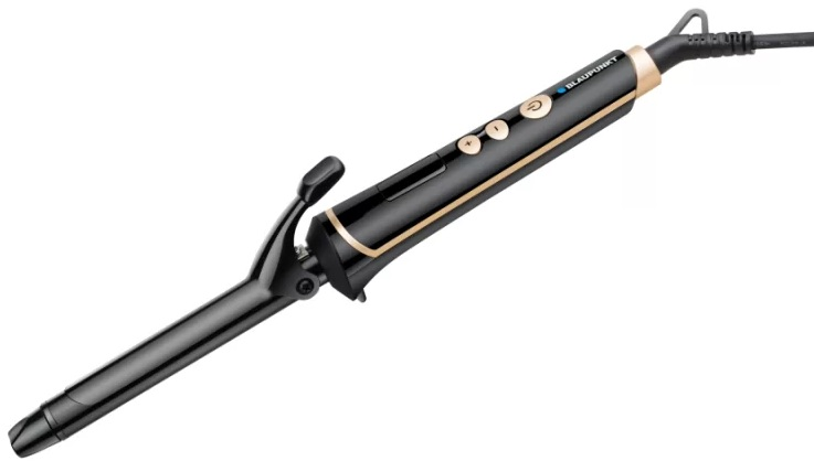 Czarno-złota lokówka na białym tle. Posiada przyciski i przewód zasilający.