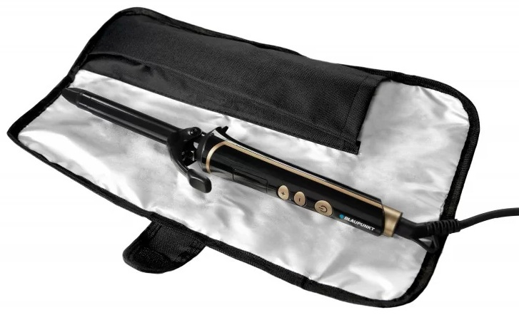 Czarna lokówka w czarno-białym etui, widok z góry.