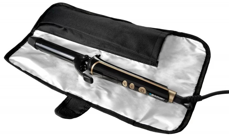 Czarna lokówka w czarno-białym etui. Złote akcenty. Czarny kabel.