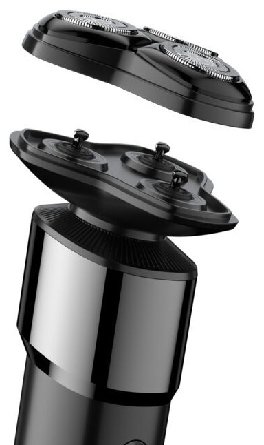 Czarna golarka elektryczna z rozłożoną głowicą.