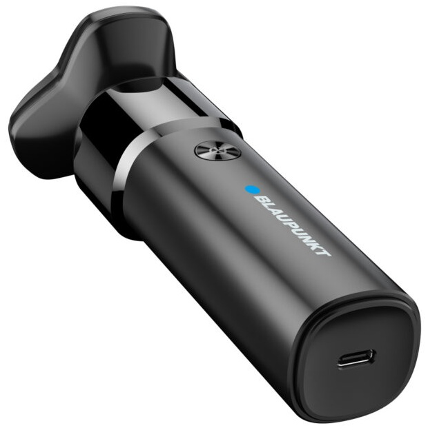 Czarny zestaw słuchawkowy Bluetooth Blaupunkt. Zestaw słuchawkowy ma zakrzywioną konstrukcję i port USB-C.