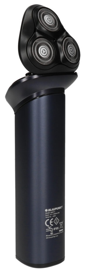 Czarna i ciemnoniebieska golarka elektryczna z trzema głowicami obrotowymi. Na dole tekst i symbole.