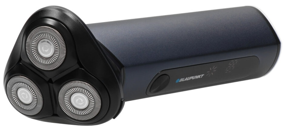 Czarna i srebrna golarka elektryczna, z trzema obrotowymi głowicami i wyświetlaczem cyfrowym.