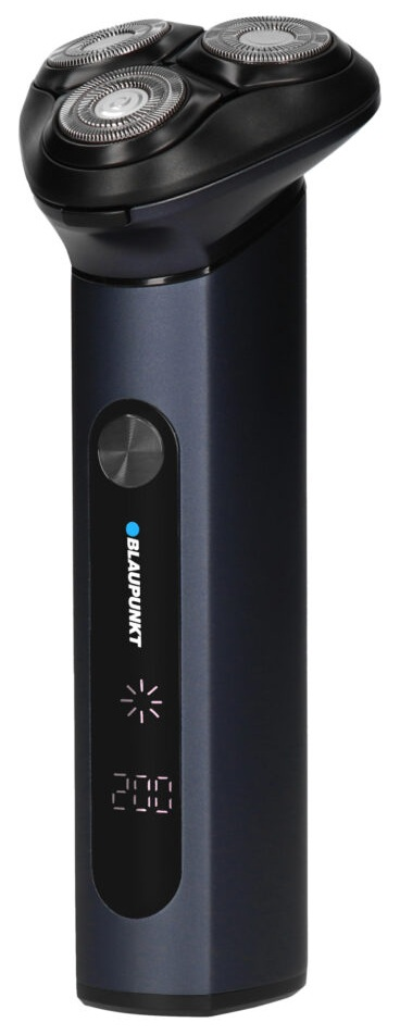 Niebiesko-czarna golarka z trzema głowicami obrotowymi.