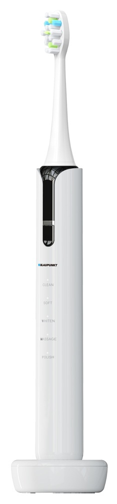 Biała elektryczna szczoteczka do zębów z podstawą ładującą. Na górze ma główkę szczoteczki.