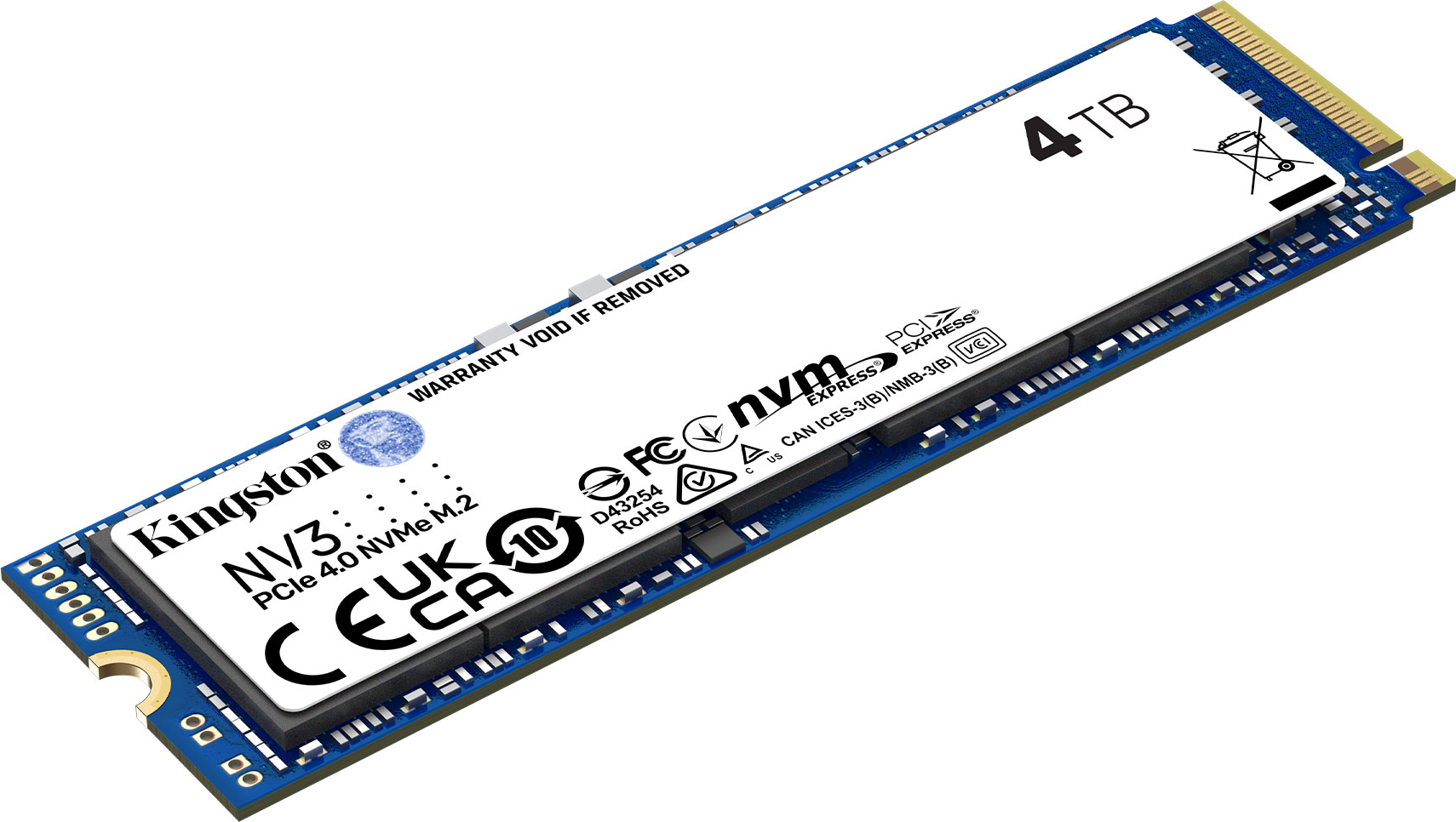 Kingston NV3 4TB SSD-Laufwerk. Weißes Etikett mit Produktinfo auf blauer Platine.