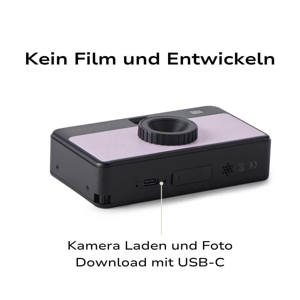 Caméra noire, avec port USB-C, sur fond blanc.