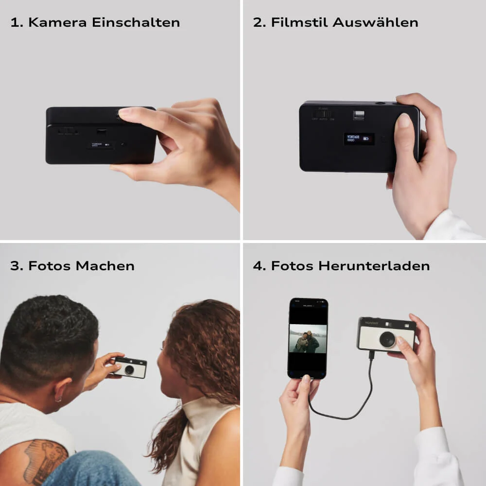Quatre images montrant les étapes pour utiliser un appareil photo rétro: allumer, sélectionner le style de film, prendre des photos, télécharger.