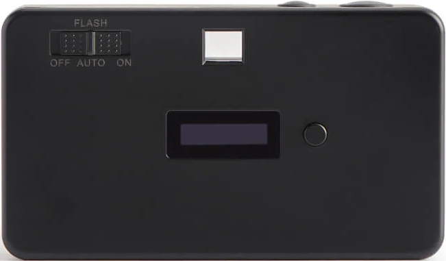 Schwarze Retro-Kamera mit Blitzeinstellungen.