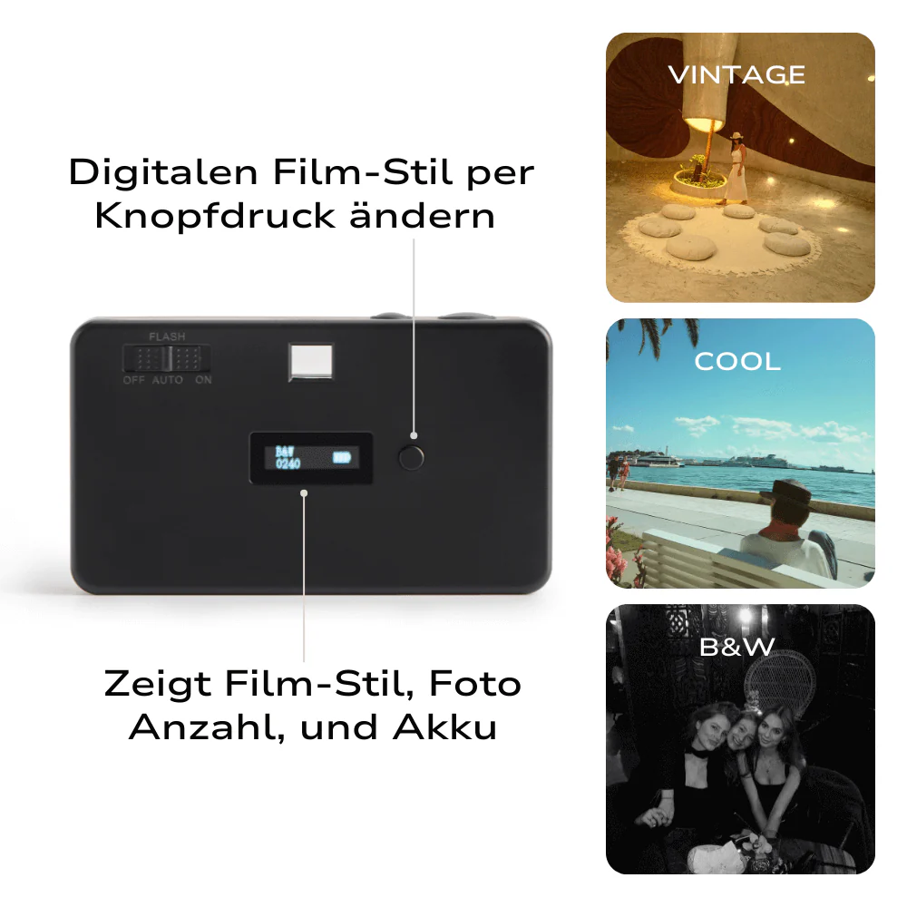 Schwarze Kamera mit Display, zeigt Filmstil-Optionen. Vintage-, Cool- und S/W-Foto-Beispiele werden gezeigt.