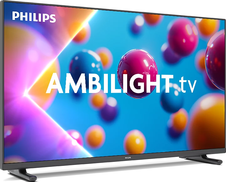 Téléviseur avec AMBILIGHT. Des sphères bleues, rouges et jaunes flottent autour du téléviseur, sur fond bleu.