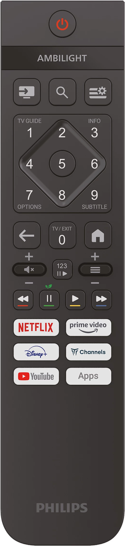 Télécommande de téléviseur Philips, avec de nombreux boutons, dont des chiffres, de navigation et des raccourcis d'applications.