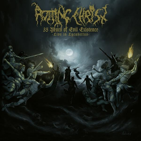 A '35 Years of Evil Existence' albumborítója a Rotting Christ-tól. Egy sötét jelenetet ábrázol alakokkal és egy holddal.