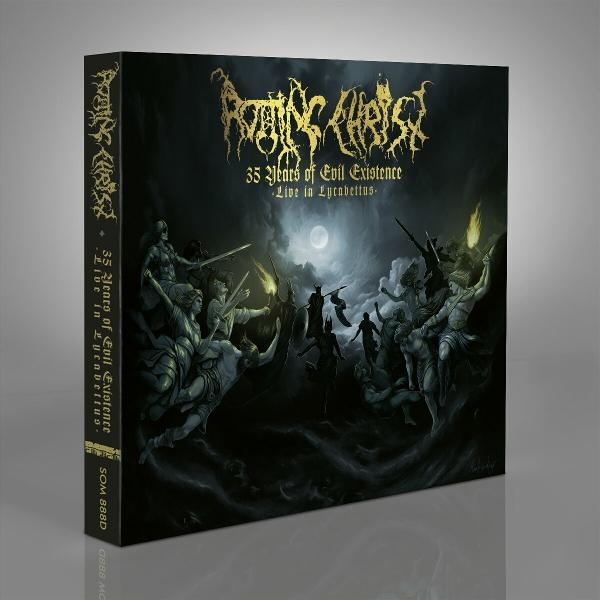 Album borító. Fekete-fehér kép egy csatajelenetről. Arany szöveg: Rotting Christ, 35 Years of Evil Existence.