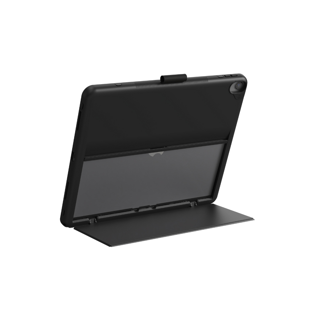 Açık siyah tablet kılıfı, görülebilir bir ekranla.