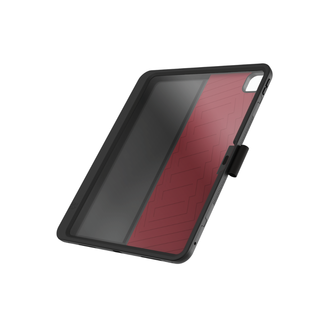 Koruyucu kılıf içinde siyah tablet, beyaz arka plan üzerinde açılı görünüm.
