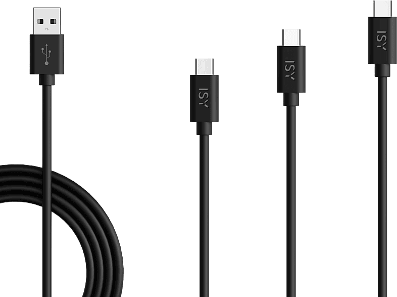 Cable USB a USB-C - ISY IZB-543, 2.0, Pack 3 cables (2m, 1m and 0.6m), 18W, Negro