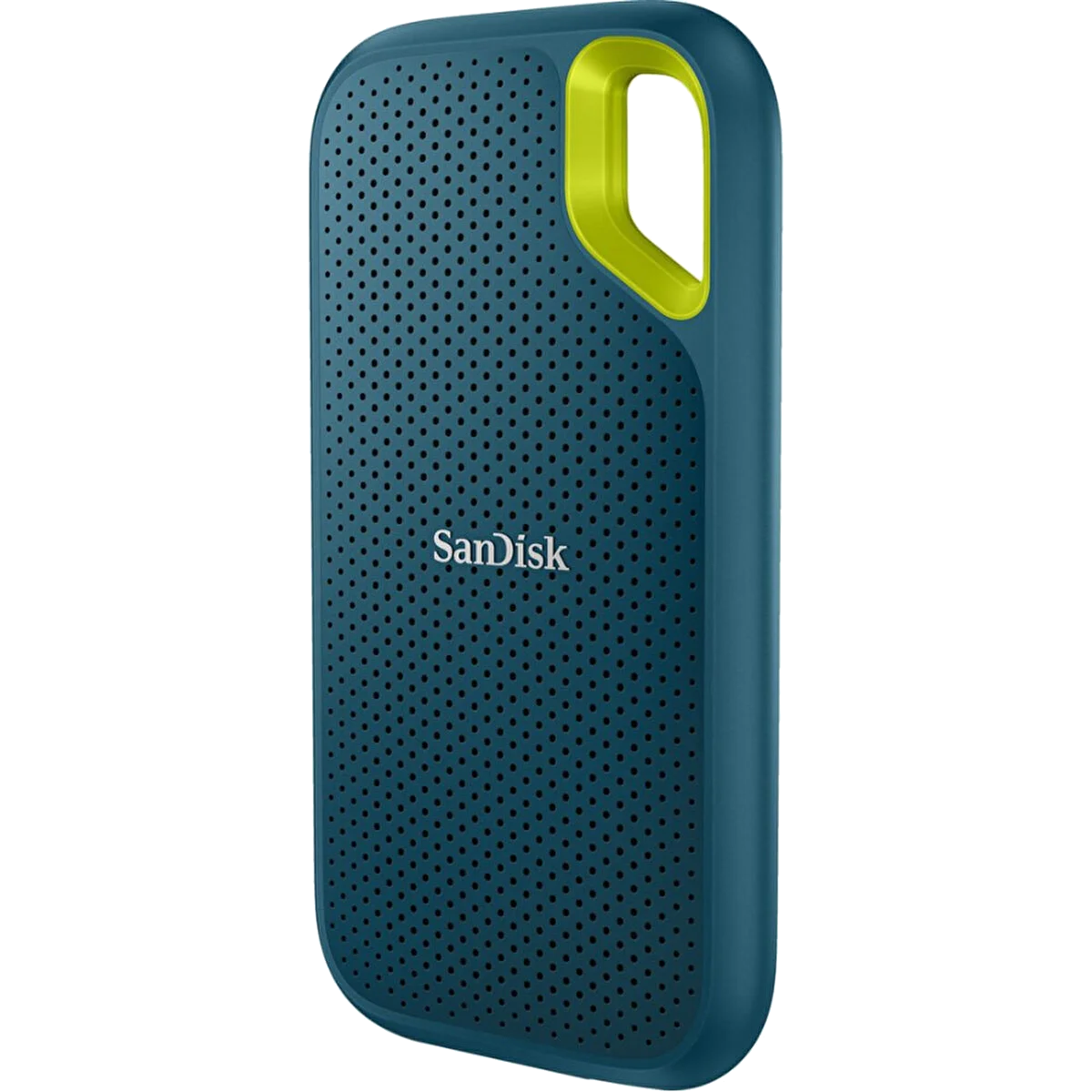 Mavi ve yeşil SanDisk taşınabilir sabit disk. Üst tutma alanında sarı vurgu.
