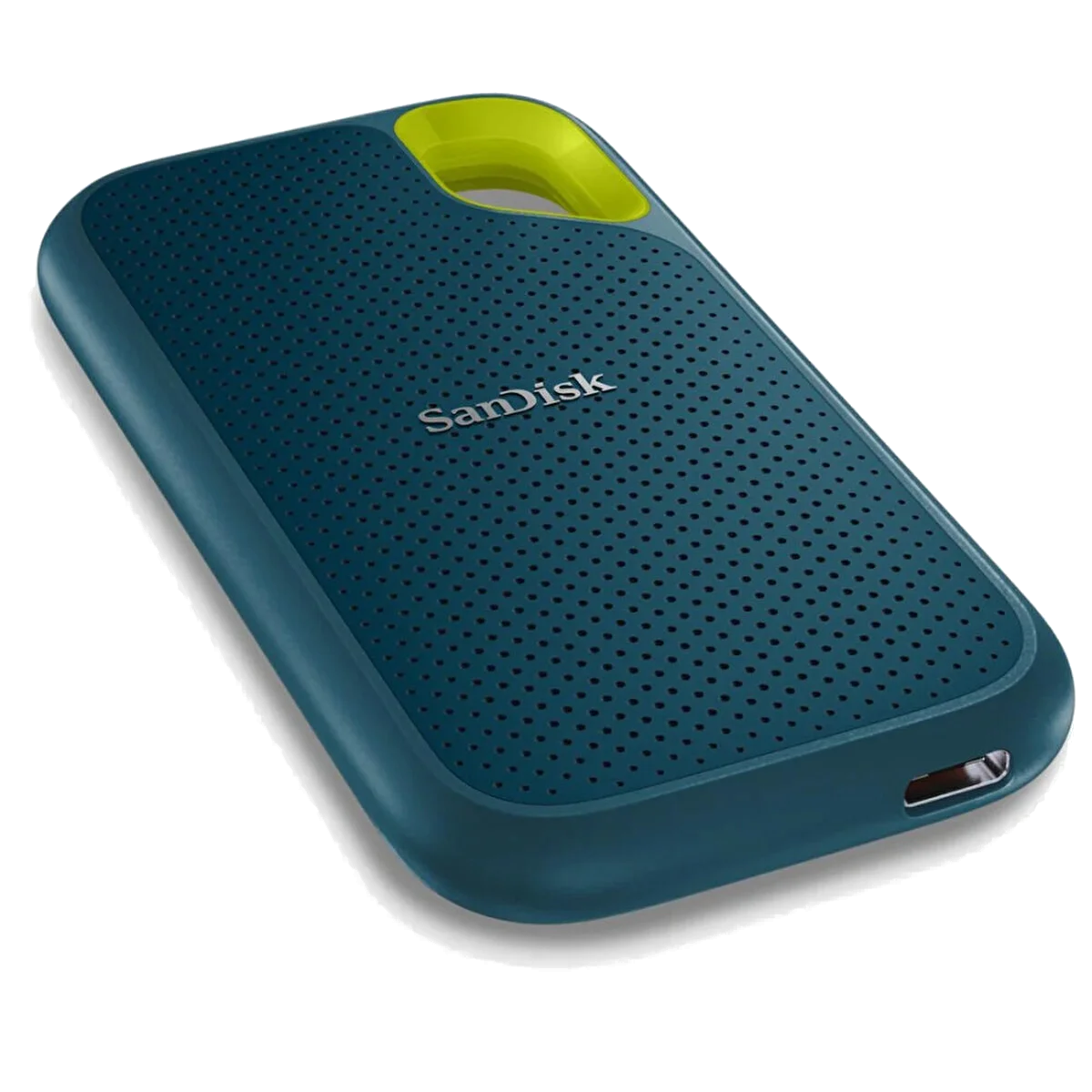 Sandisk'ten mavi ve yeşil harici sabit disk. Koyu mavi gövde, yeşil vurgu.