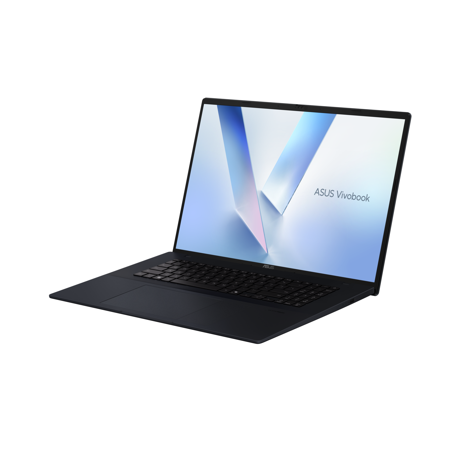 Laptop with a blue screen and white keyboard, on a black surface.