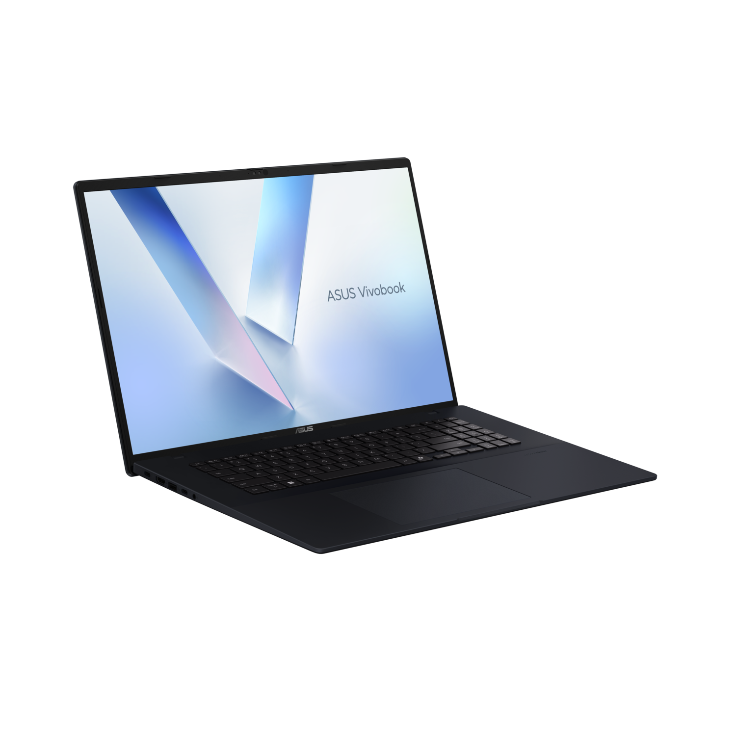 An open ASUS Vivobook laptop on a black background. The screen displays a colorful image, ASUS logo.