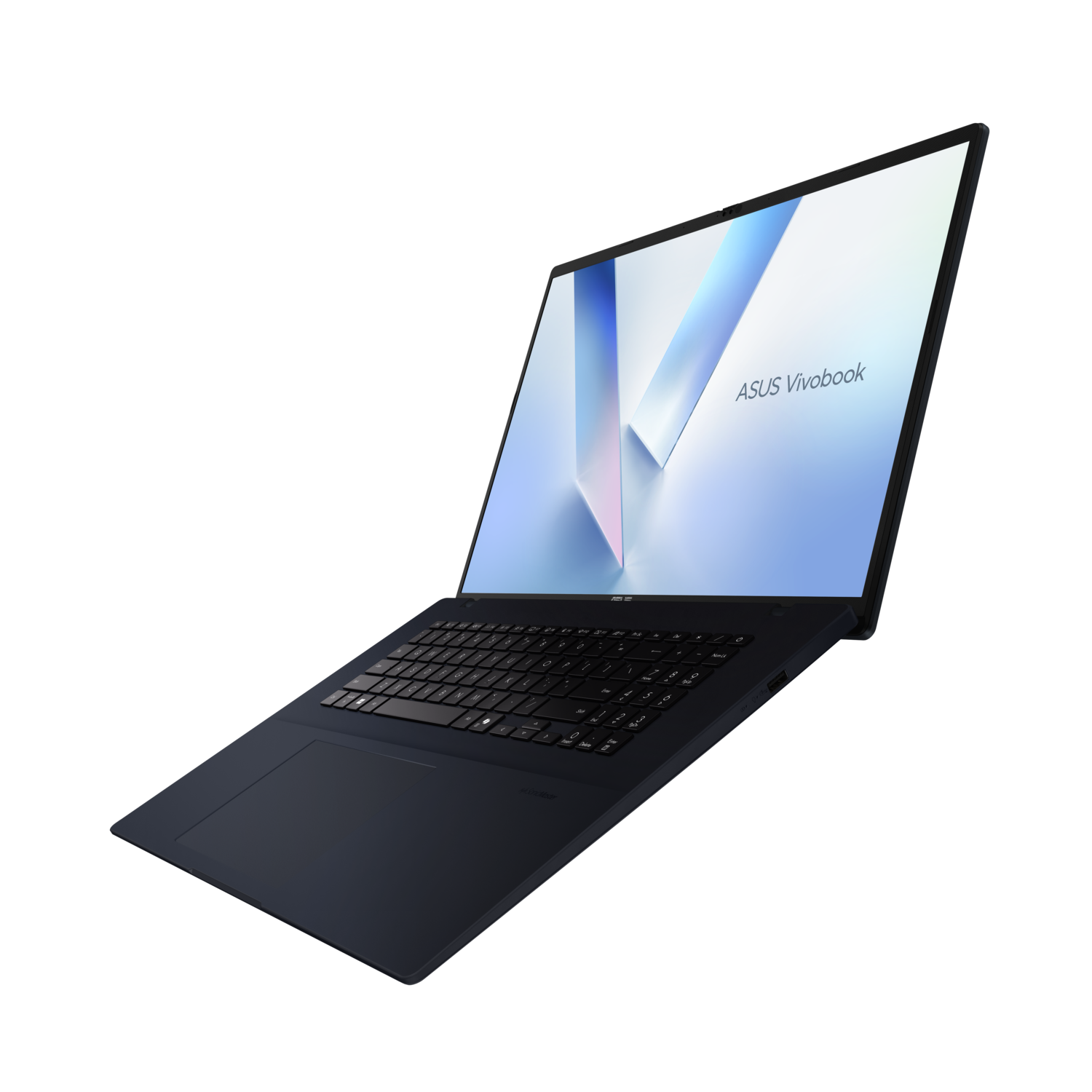 Blue laptop, open at an angle. The screen shows the ASUS Vivobook logo.