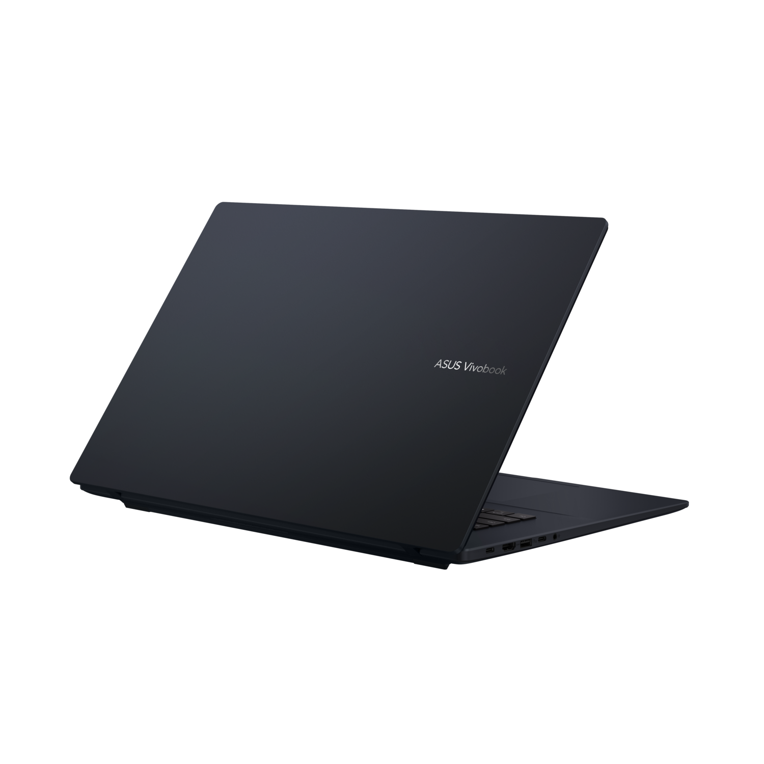 Black laptop computer, viewed from behind, with the ASUS Vivobook logo. The background is dark.