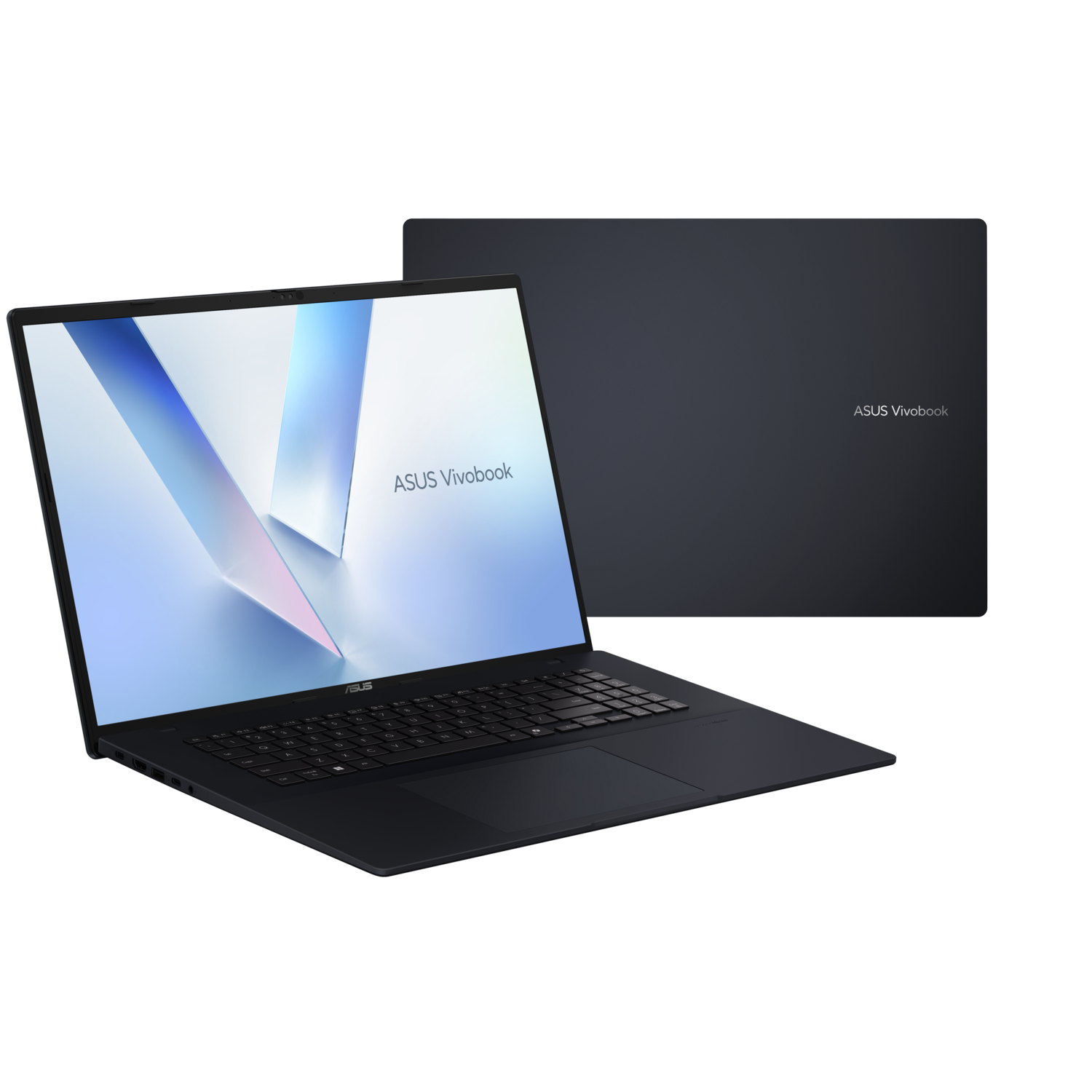 Black laptop, open with keyboard and white background, ASUS Vivobook.