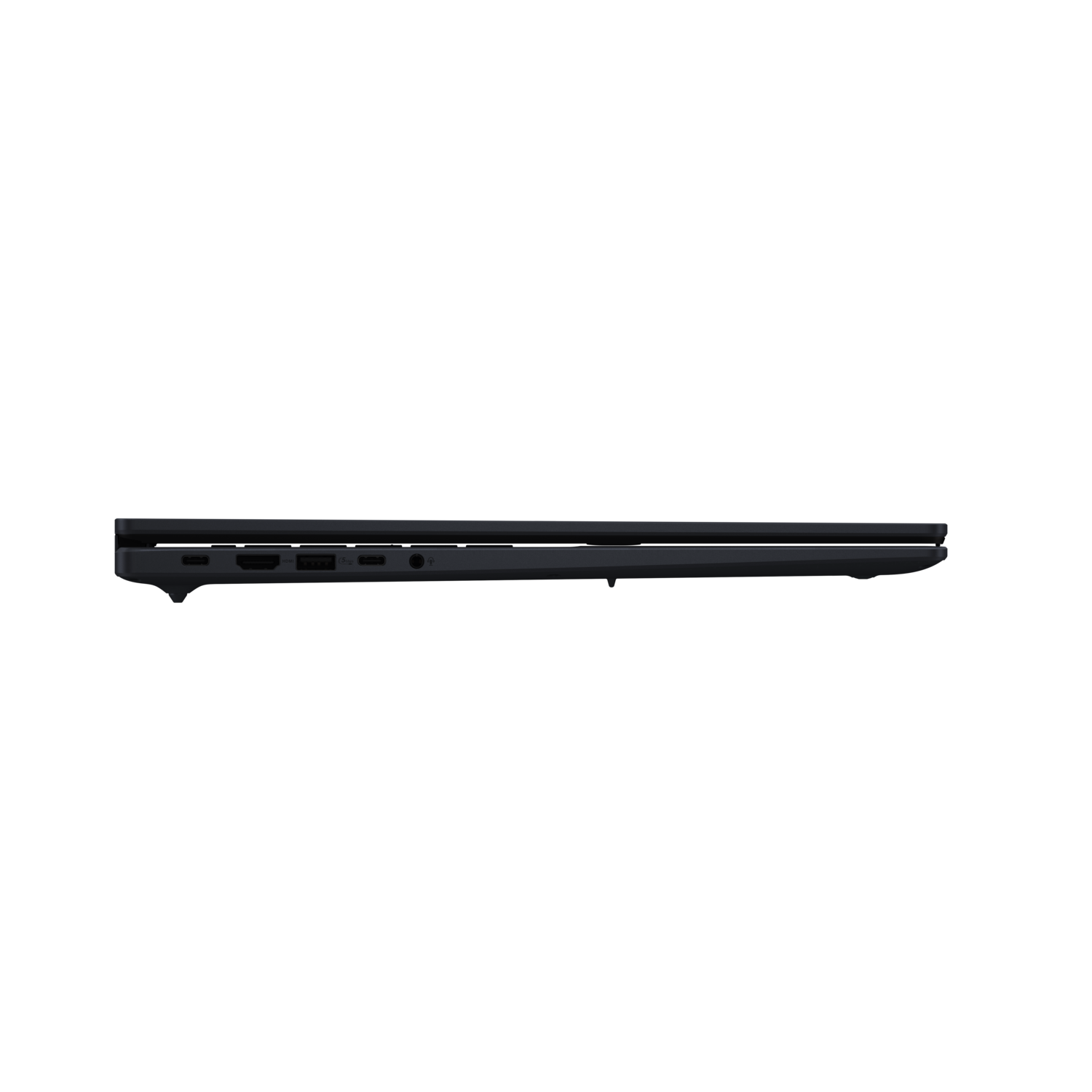Side view of a black laptop with ports visible against a black background.