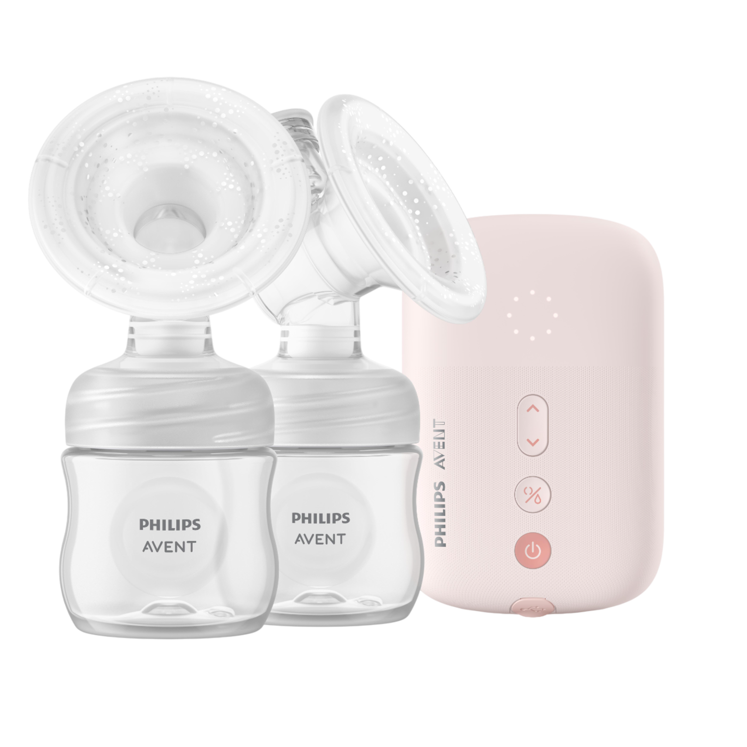 Philips Avent dubbele elektrische borstkolf, met flessen, zuignappen en een roze bedieningseenheid.