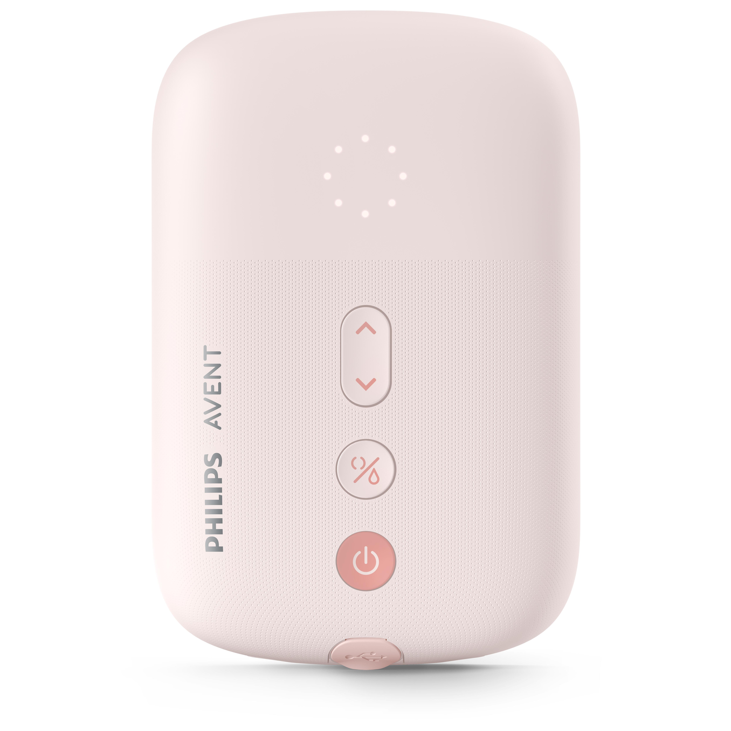 Roze Philips Avent babyfoon. Heeft een display en drie knoppen. Philips Avent staat op de zijkant.