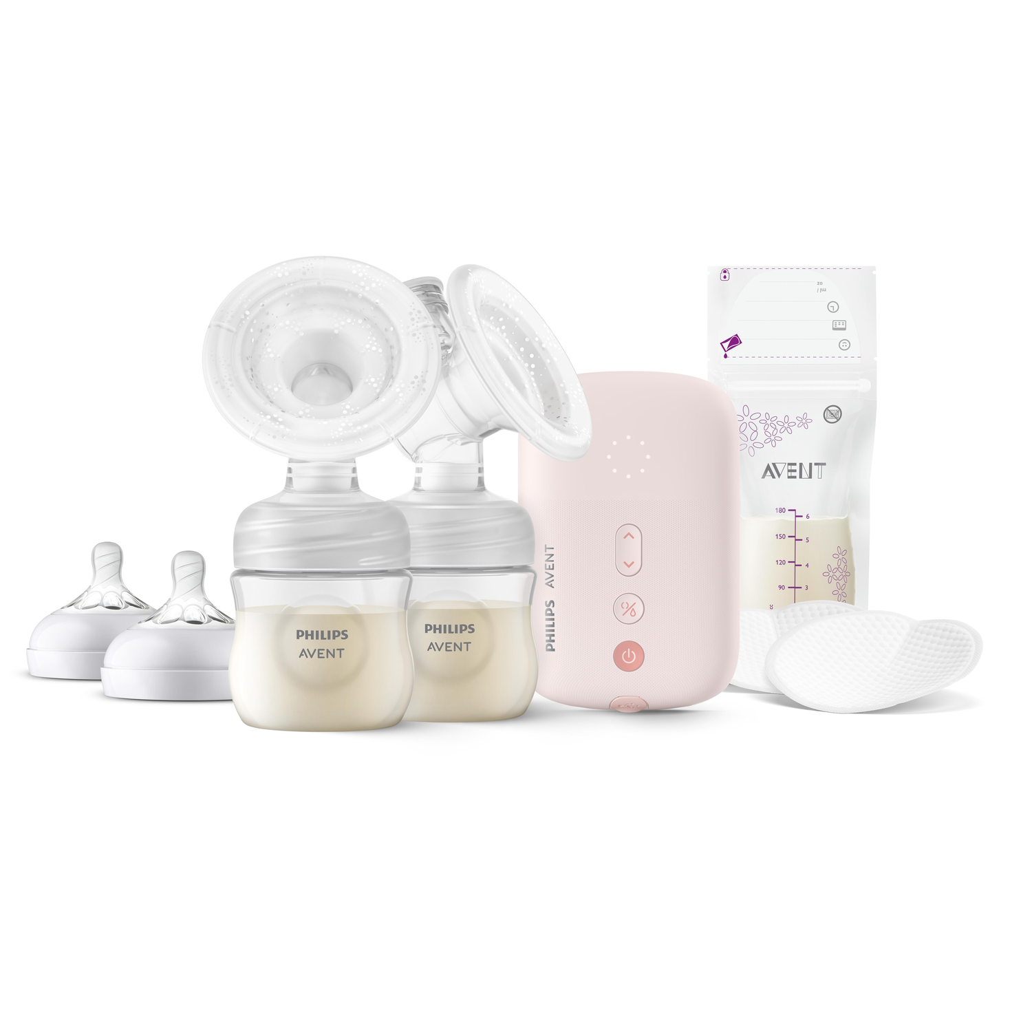 Philips Avent borstkolfset inclusief flessen, spenen en een roze pomp.