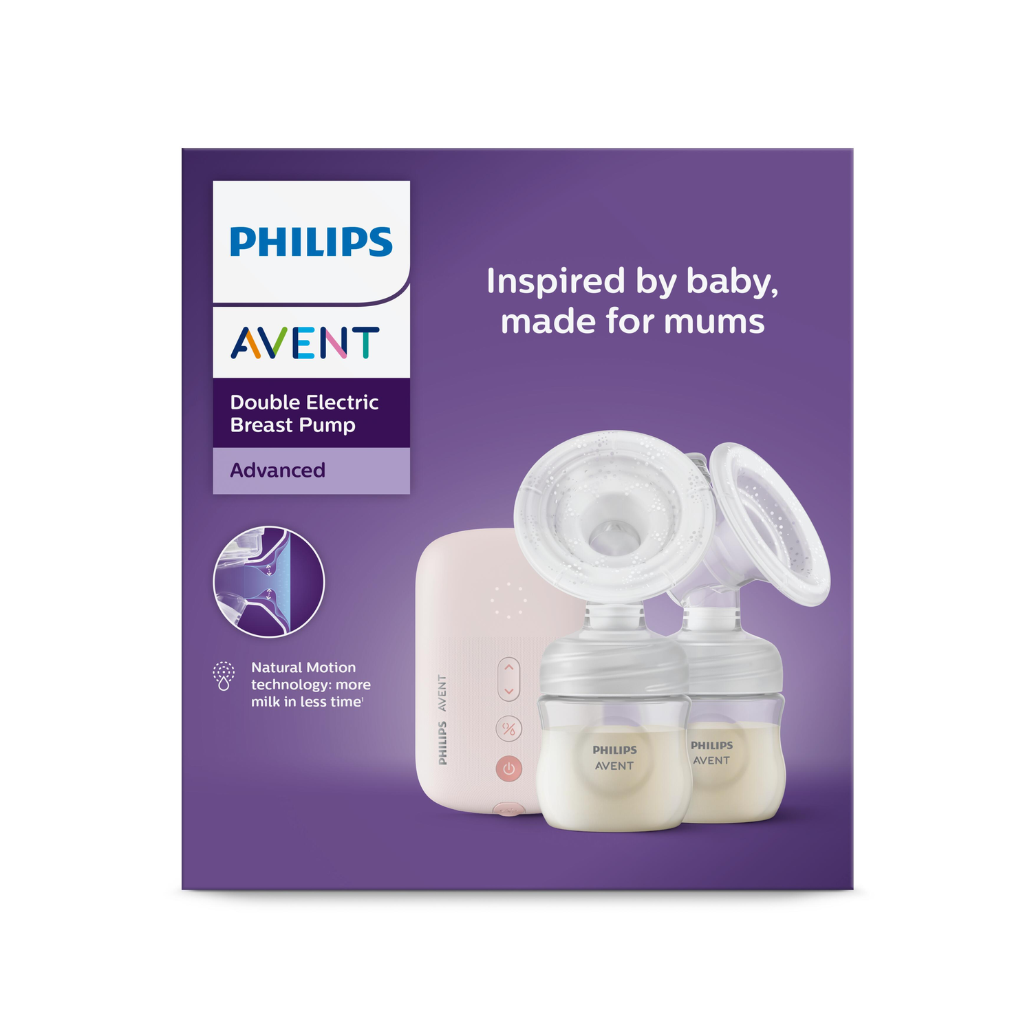 Philips Avent dubbele elektrische borstkolf met tekst en een witte achtergrond.