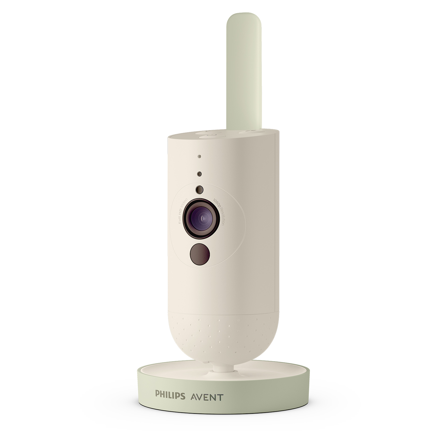 Babyfoon, wit en groen, met een draaiende camera en een antenne.