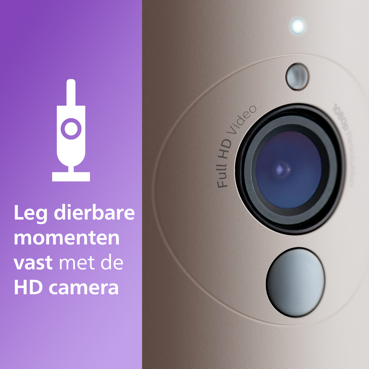 Close-up van een beveiligingscameralens. Het heeft een zwarte lens en een lampje erboven.