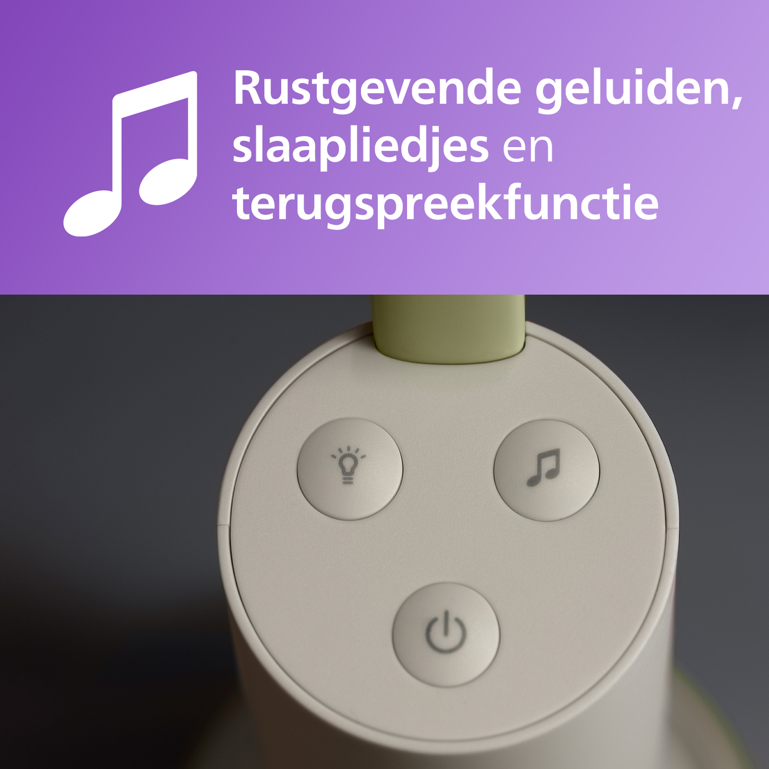 Close-up van een product met drie knoppen: licht, muzieknoot en stroom, met tekstoverlay.