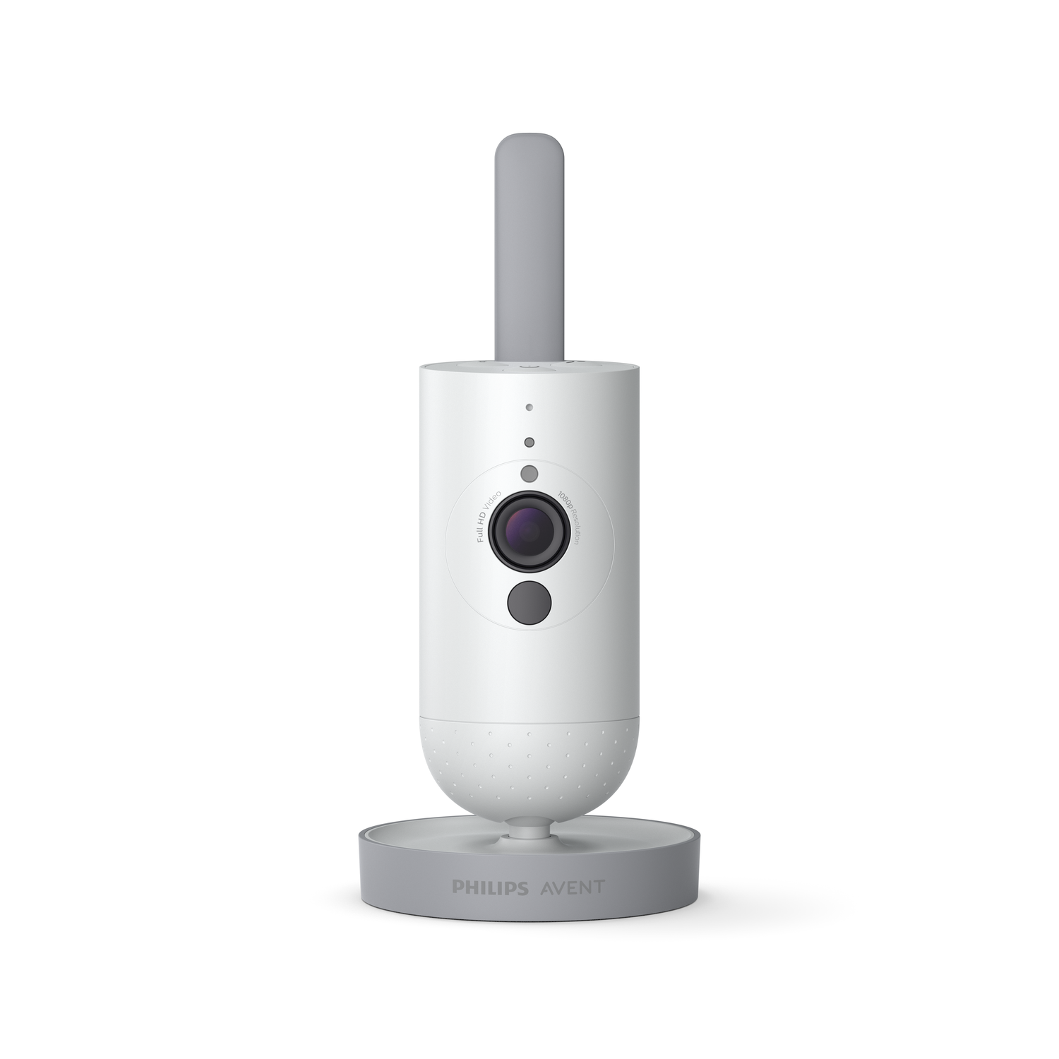 Een witte en grijze babyfoon op een witte achtergrond. Het heeft een lange antenne.