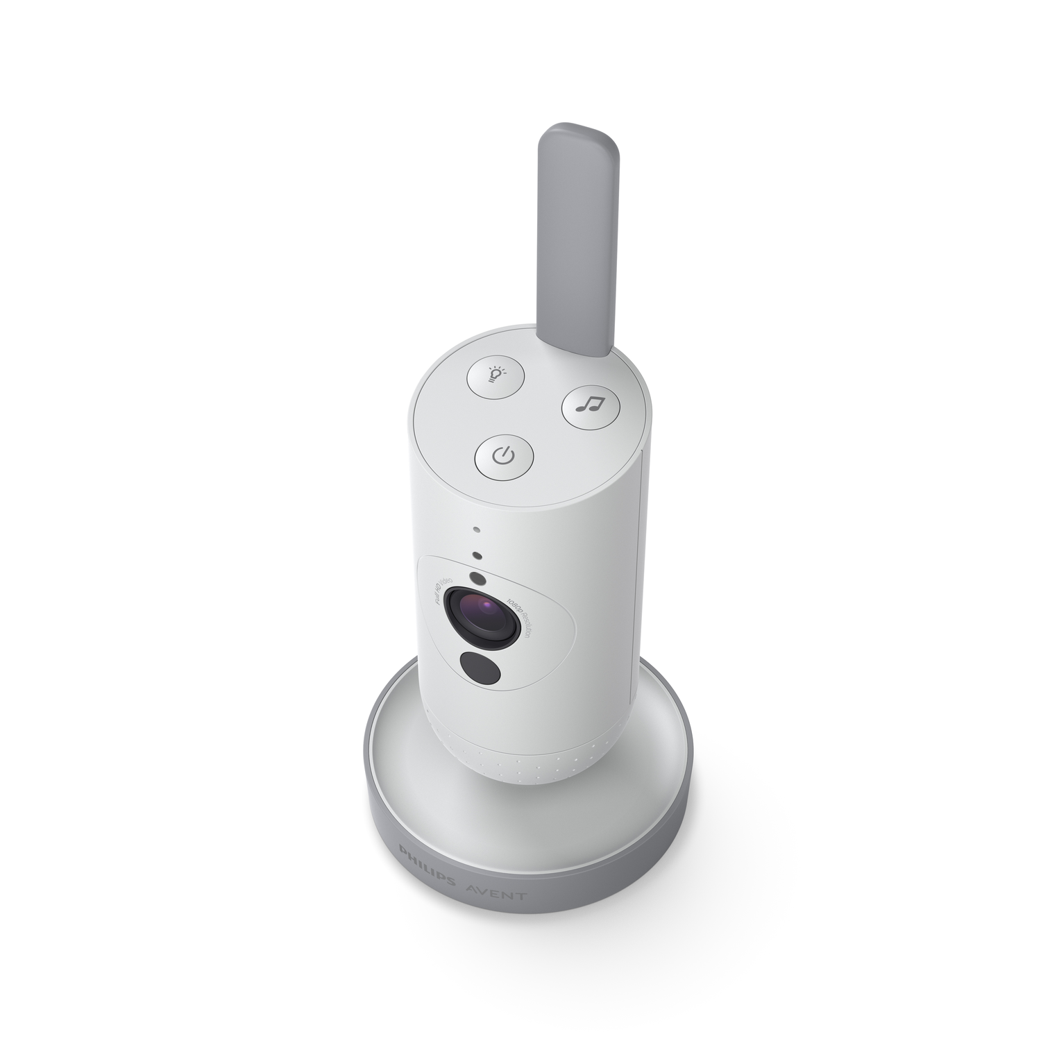 Babyfoon met camera en antenne op een witte achtergrond.
