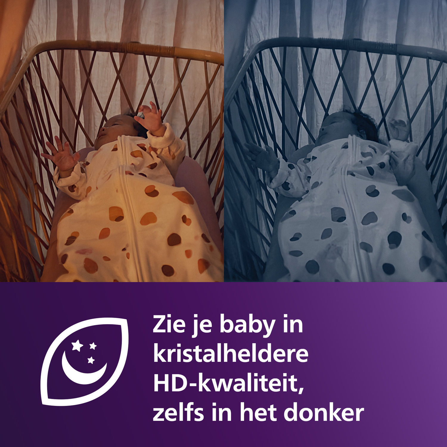 Twee afbeeldingen van een baby in een wieg, één in kleur en één in grijswaarden. Tekst hieronder.