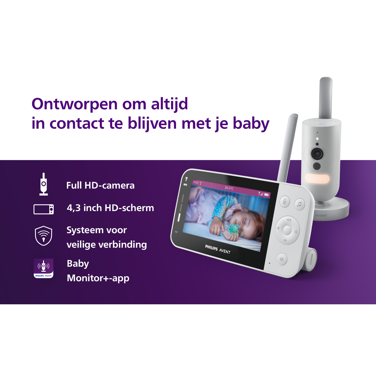 Babyfoon met baby's beeld op het scherm en een extra camera-eenheid.