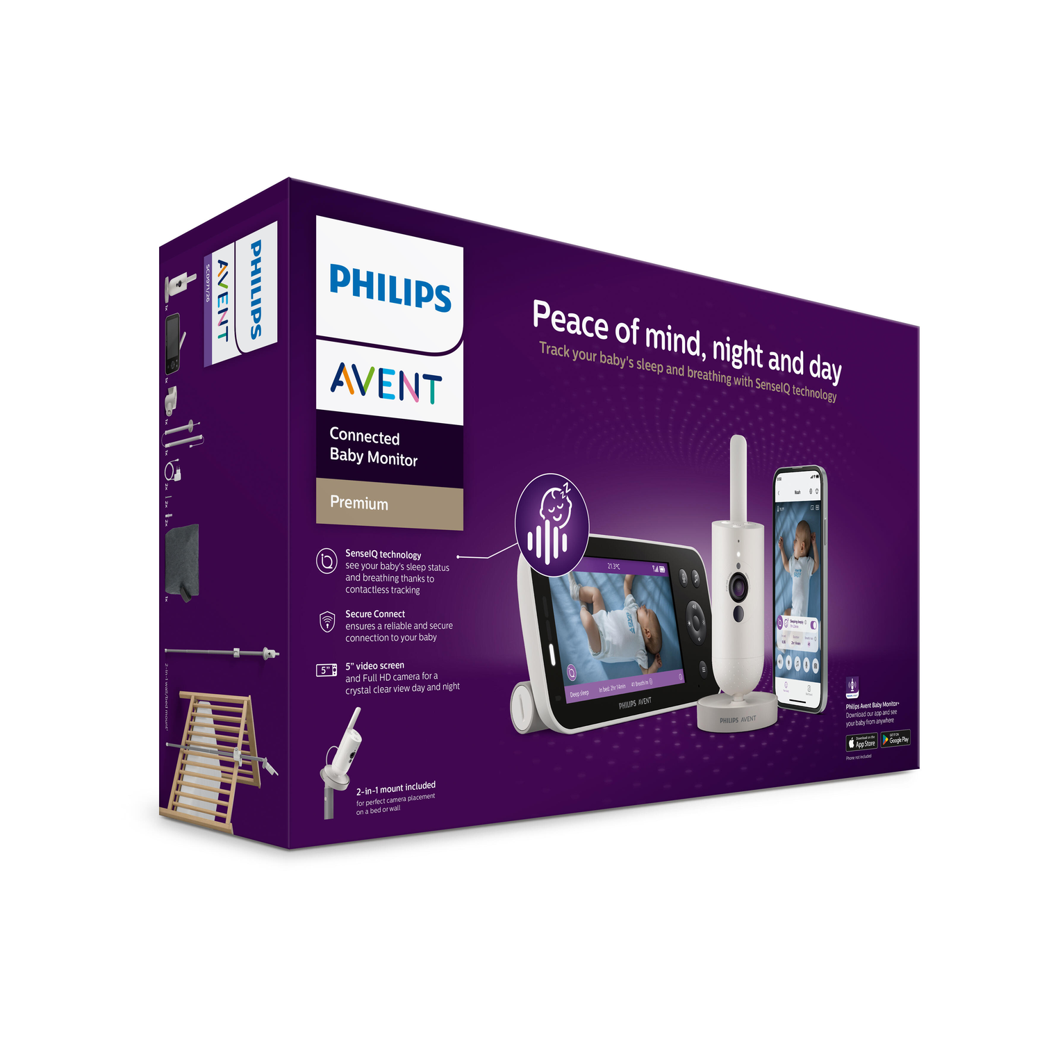Een Philips Avent babyfoon doos met een monitor, camera en een baby in bed.