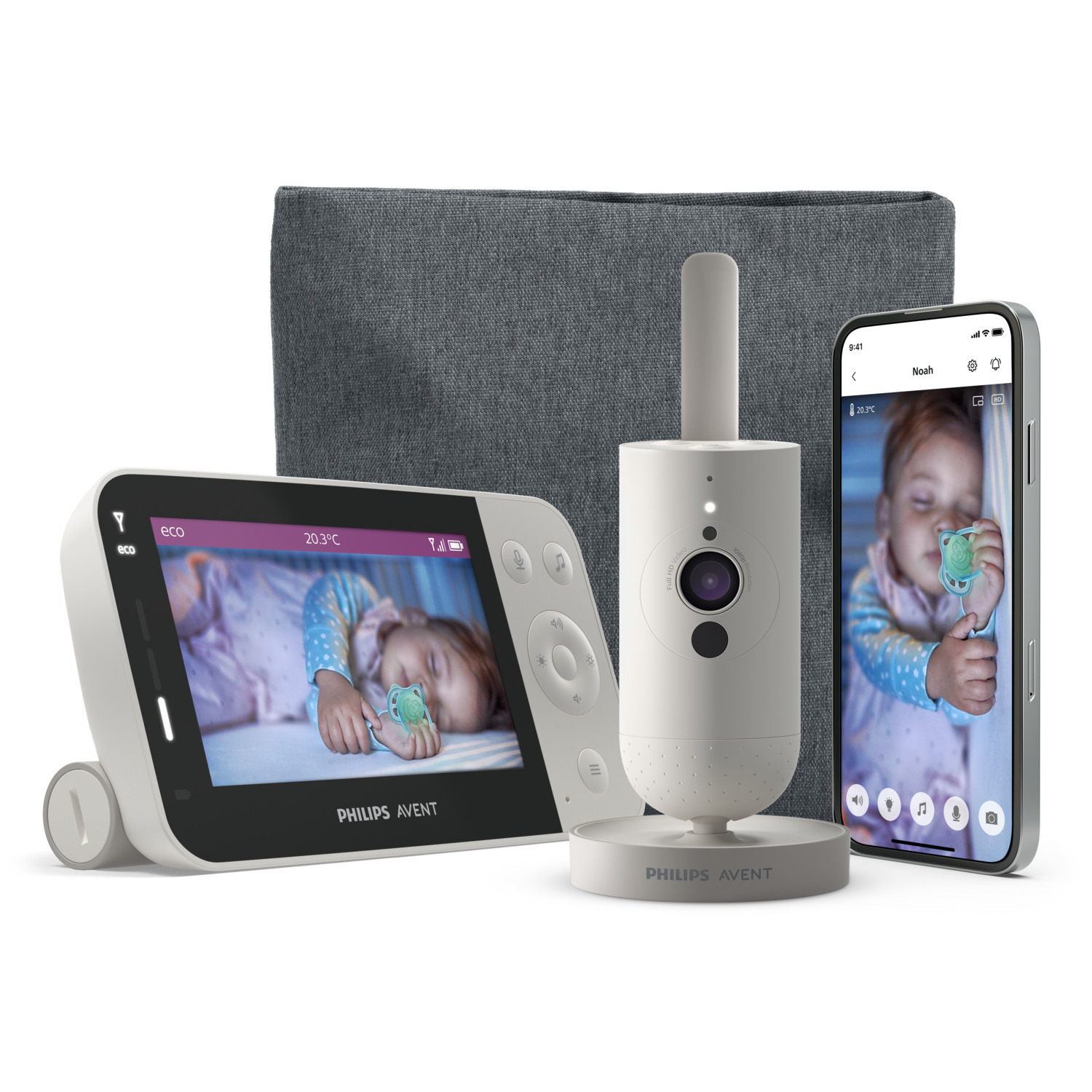 Babymonitor set: monitorscherm, camera en telefoon met slapende baby. Grijze tas.