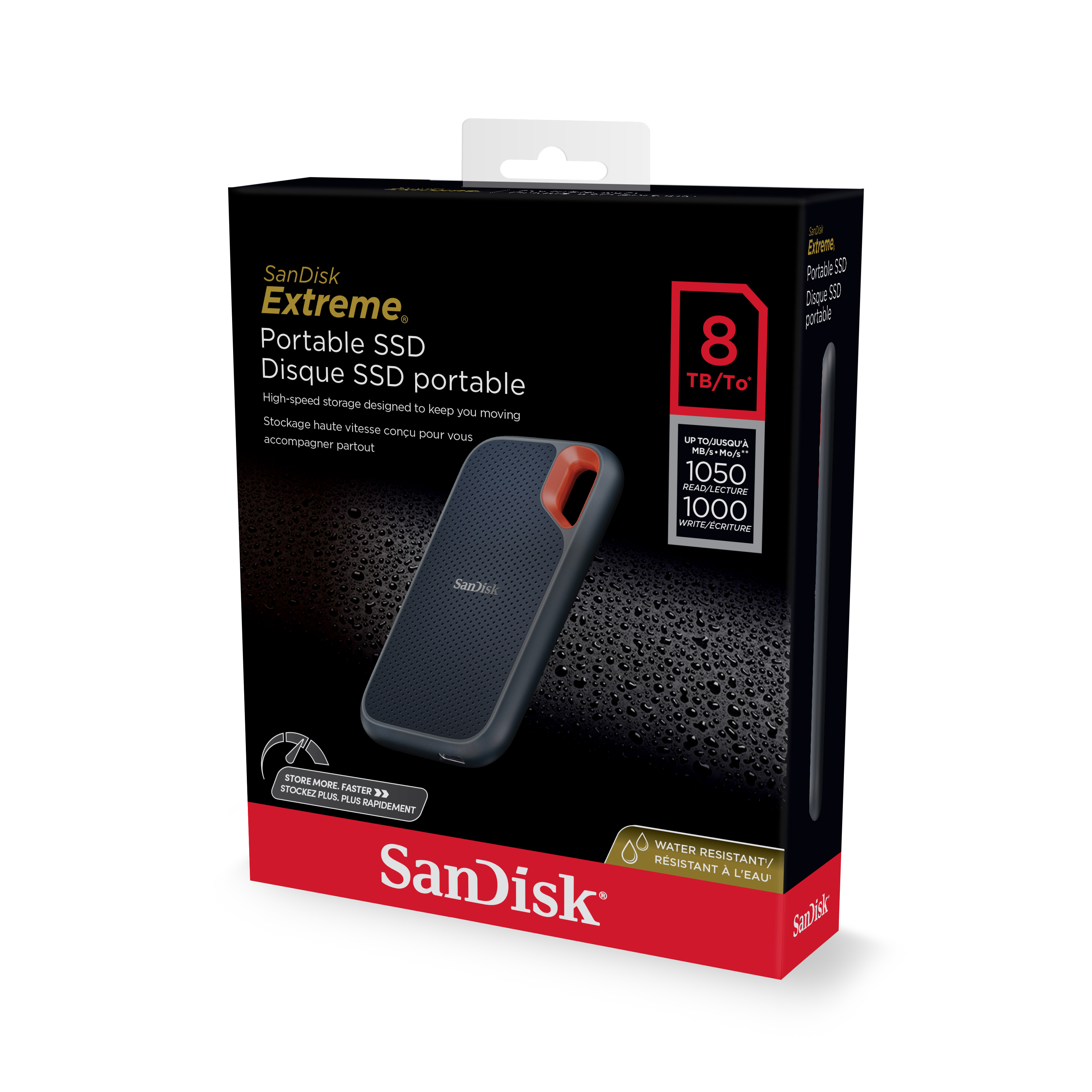 Tragbare SSD-Box. Enthält eine tragbare SSD, mit sichtbarer SanDisk-Marke.