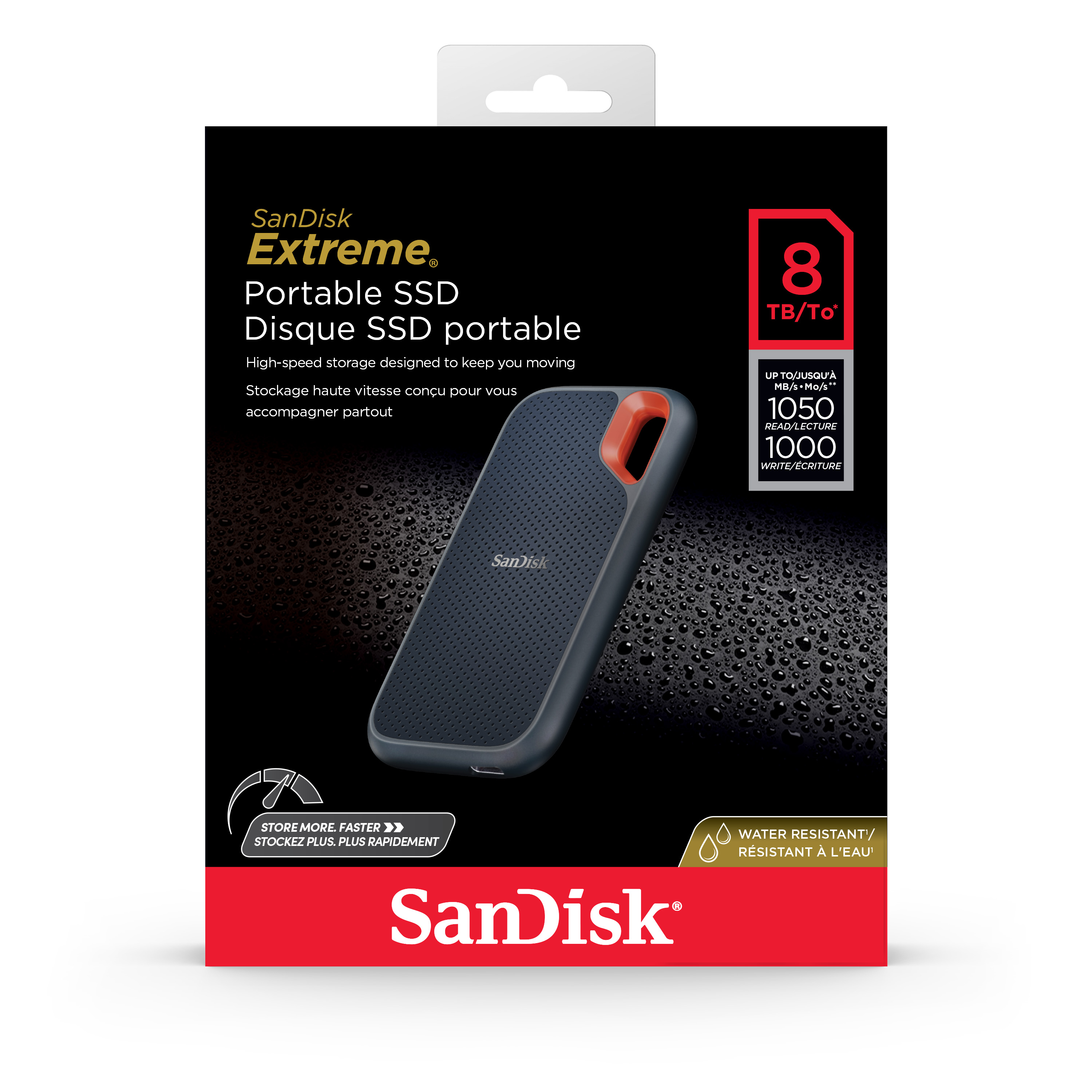 SanDisk Extreme Portable SSD Box, marineblau und orange, mit Produktdetails.